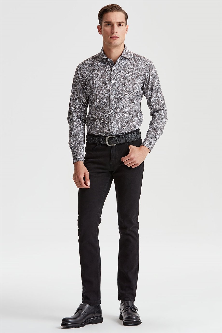 Gri Küçük Çiçek Desenli Pamuk Gömlek