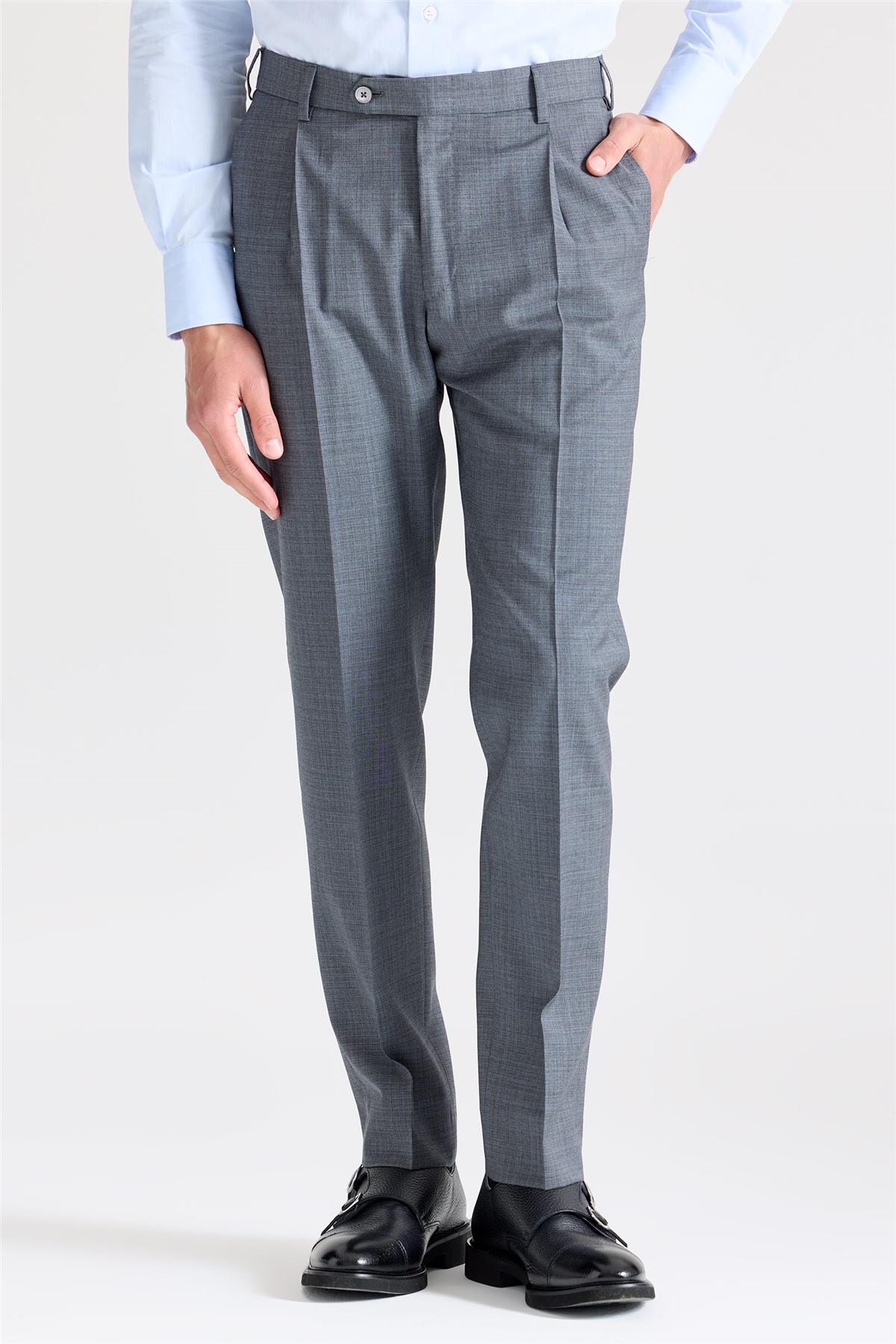 Gri Mavi Desenli Saf Yün Pantolon