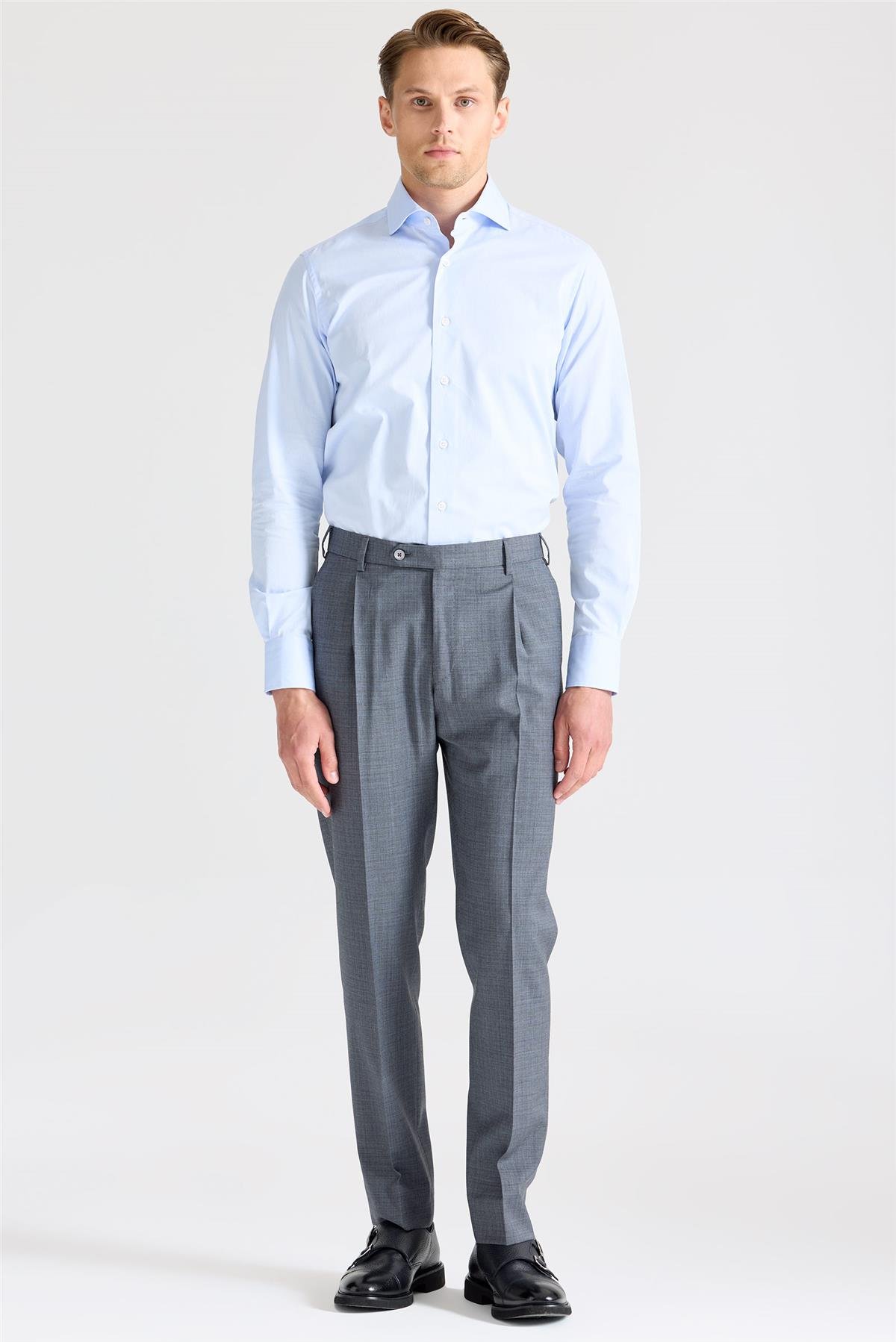 Gri Mavi Desenli Saf Yün Pantolon