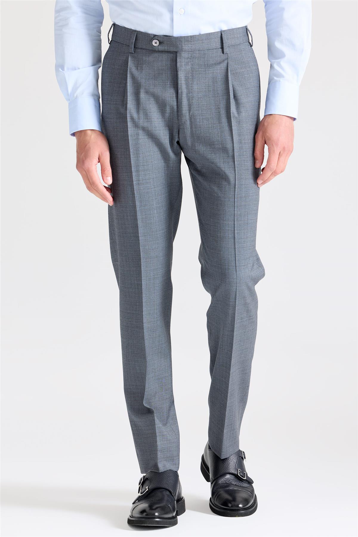 Gri Mavi Desenli Saf Yün Pantolon