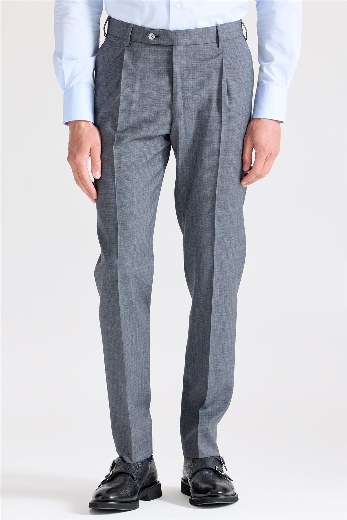 Gri Mavi Desenli Saf Yün Pantolon