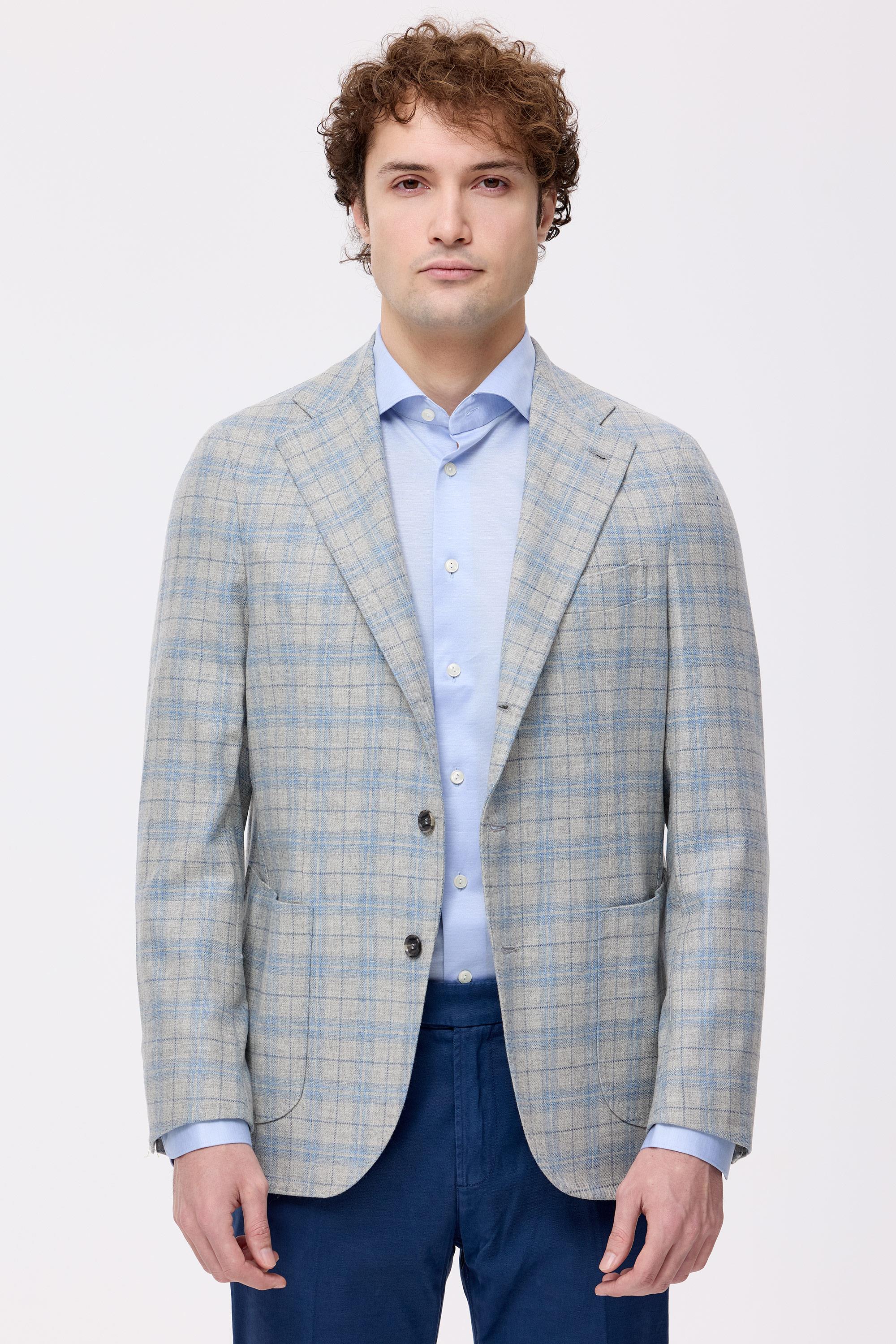 Gri Mavi Ekoseli Yün Kaşmir Ceket