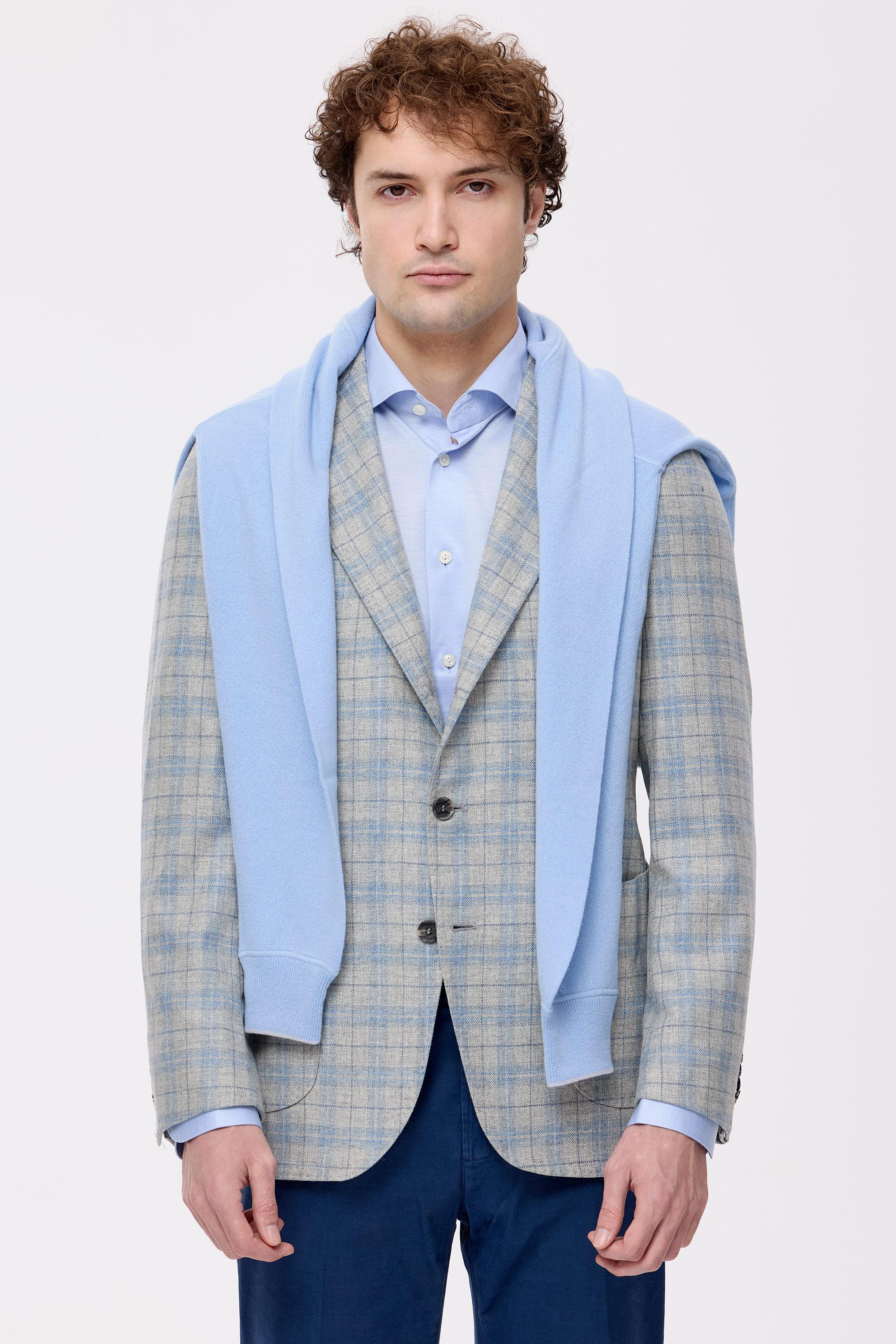 Gri Mavi Ekoseli Yün Kaşmir Ceket