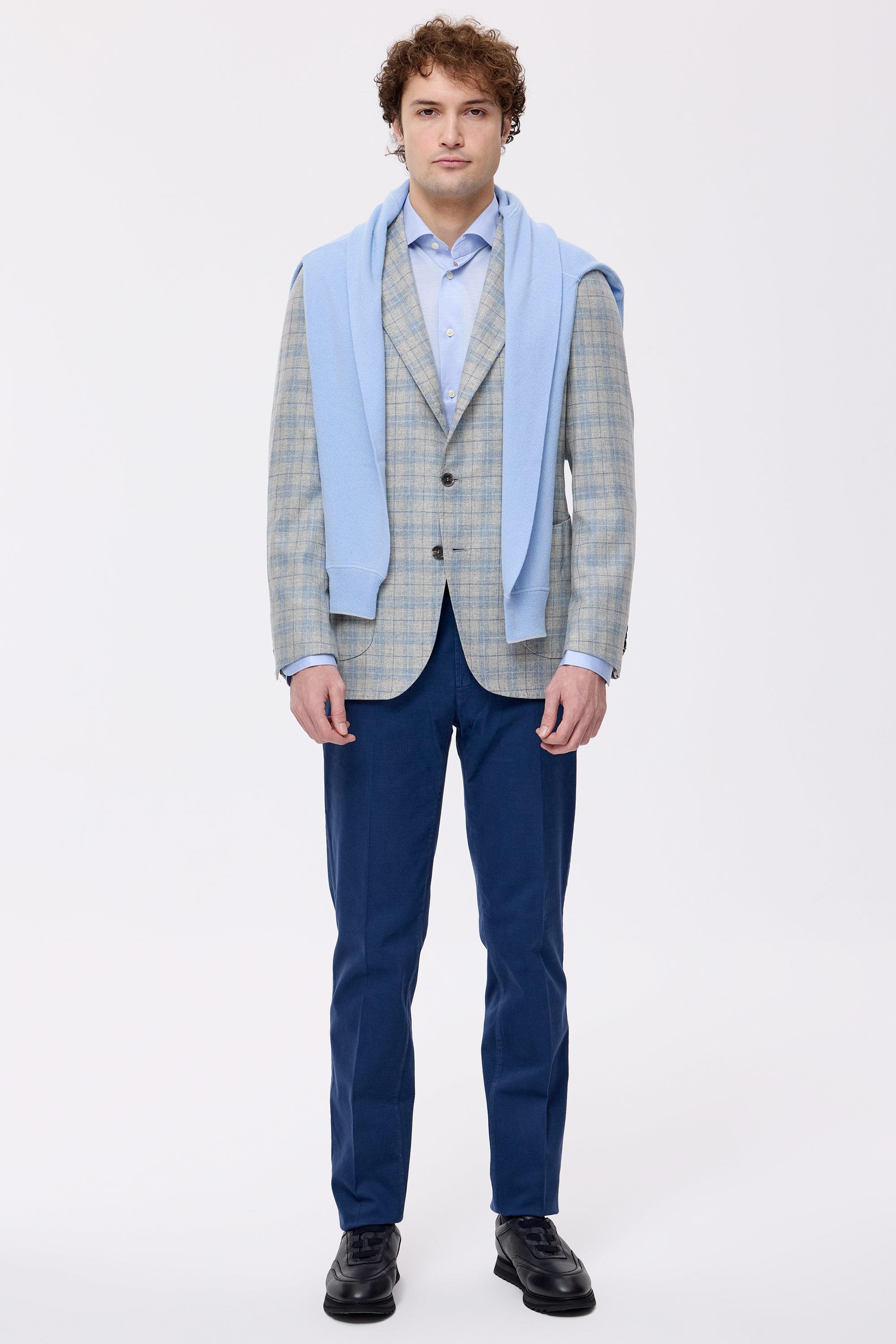 Gri Mavi Ekoseli Yün Kaşmir Ceket