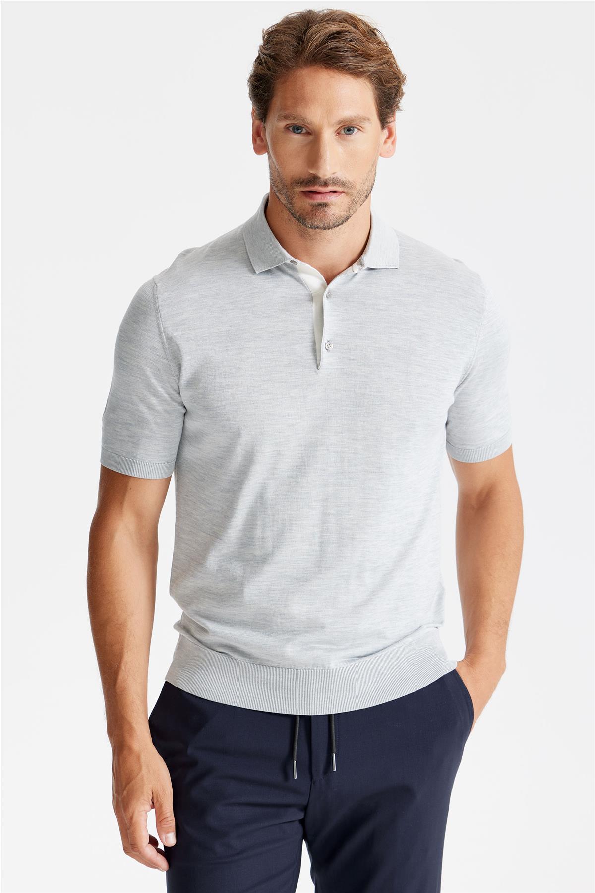 Gri Polo Yaka Pamuk İpek Triko