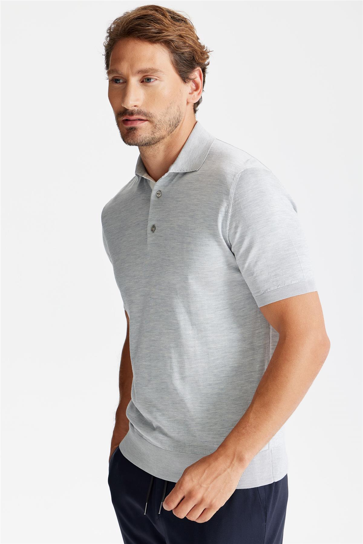 Gri Polo Yaka Pamuk İpek Triko