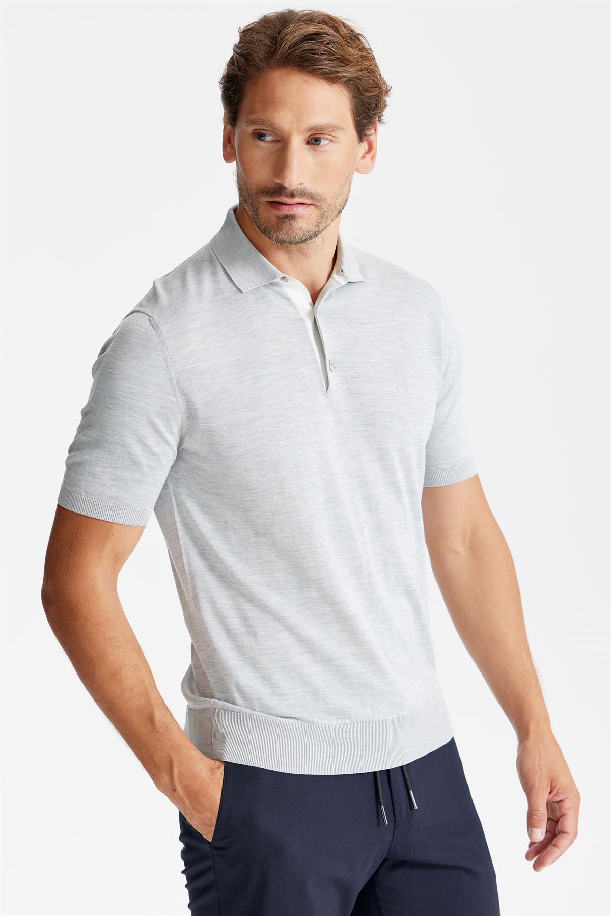 Gri Polo Yaka Pamuk İpek Triko