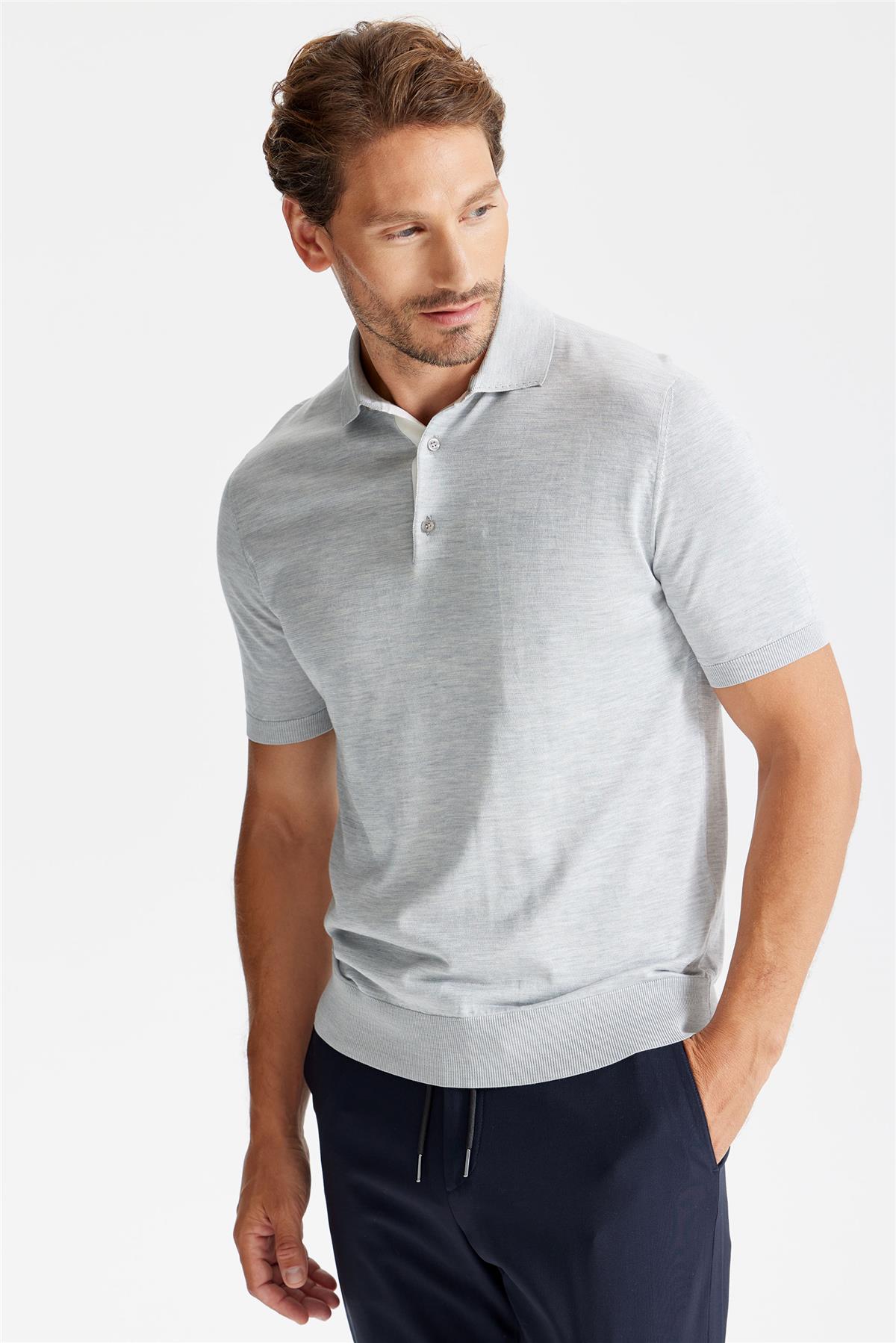 Gri Polo Yaka Pamuk İpek Triko