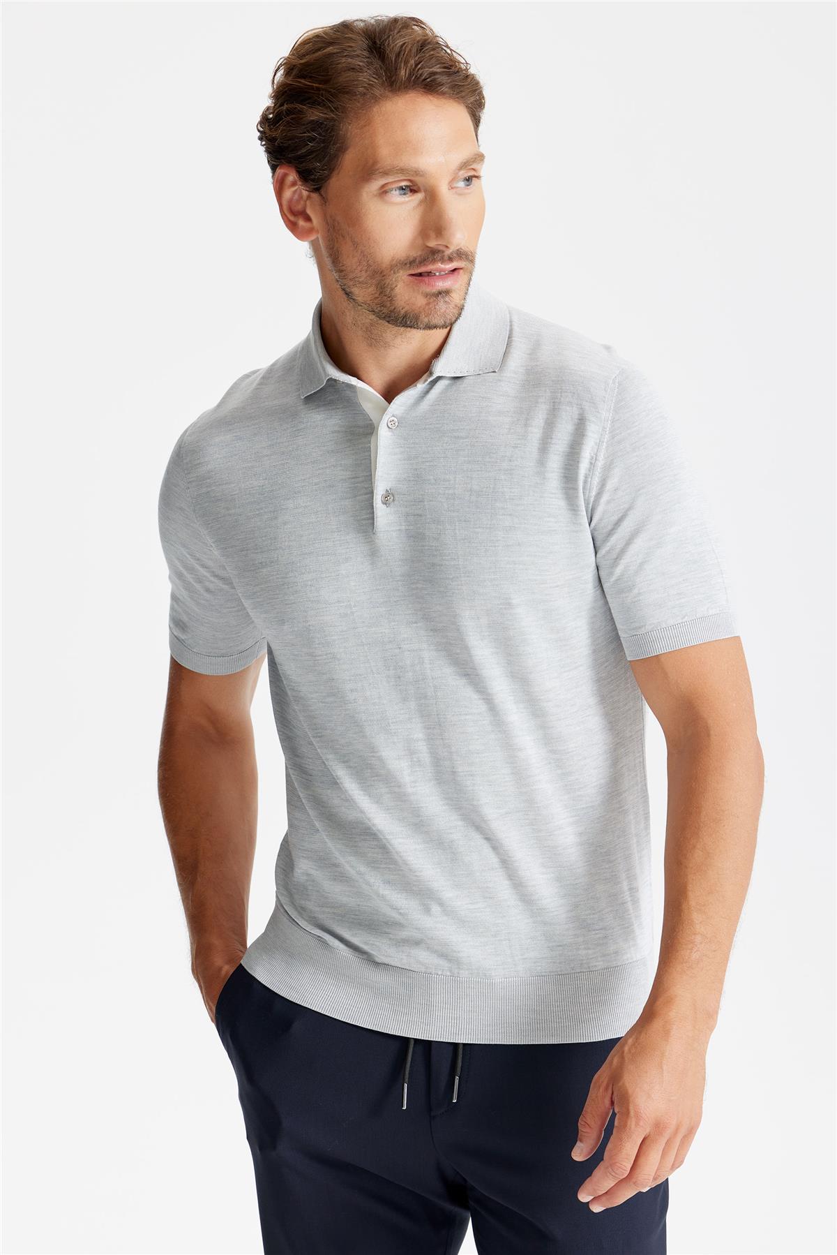 Gri Polo Yaka Pamuk İpek Triko