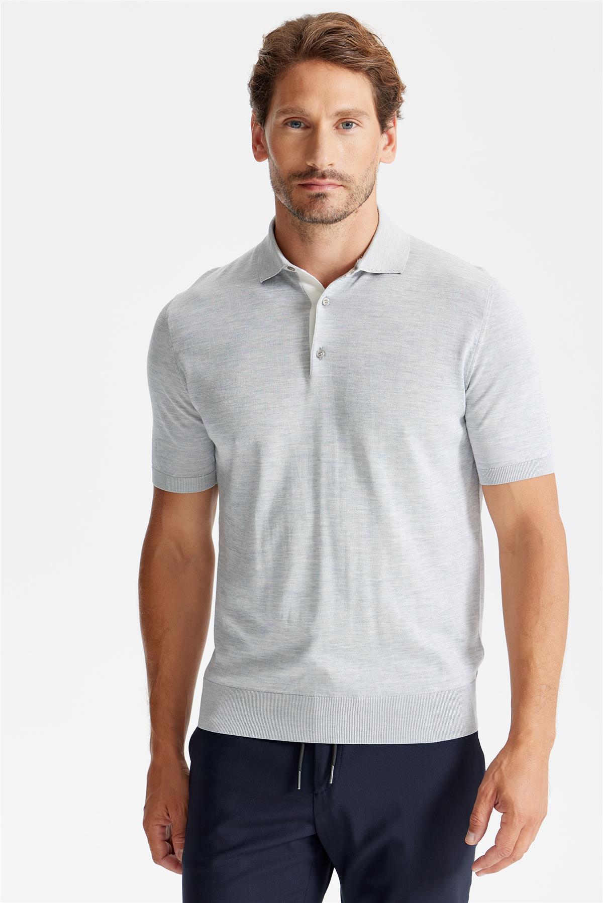 Gri Polo Yaka Pamuk İpek Triko