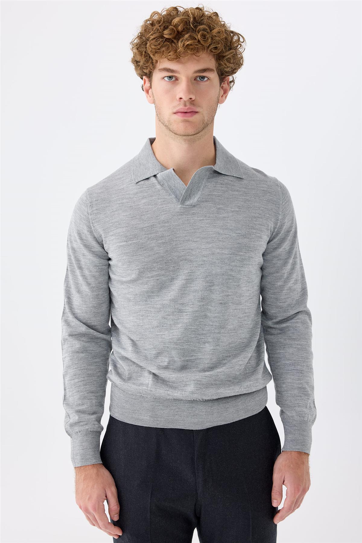 Gri Polo Yaka Yün İpek Kaşmir Triko