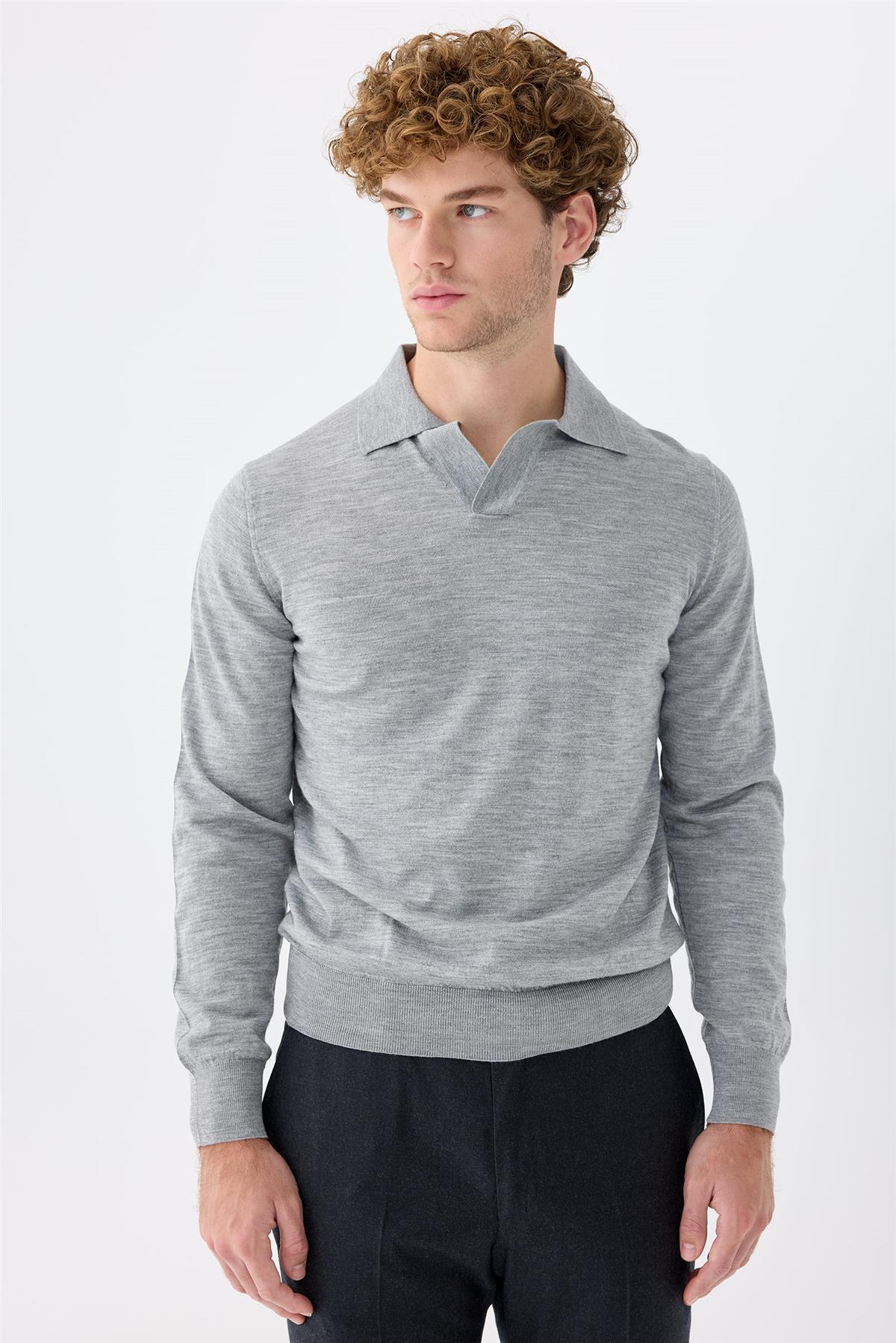 Gri Polo Yaka Yün İpek Kaşmir Triko