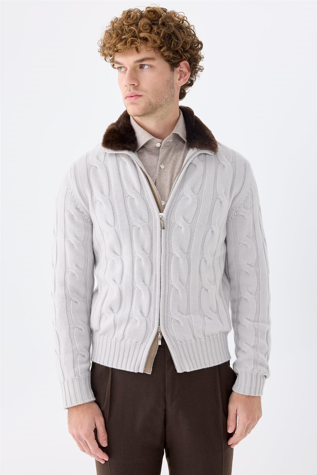 Gri Kalın Örgü Fermuarlı Kaşmir Hırka