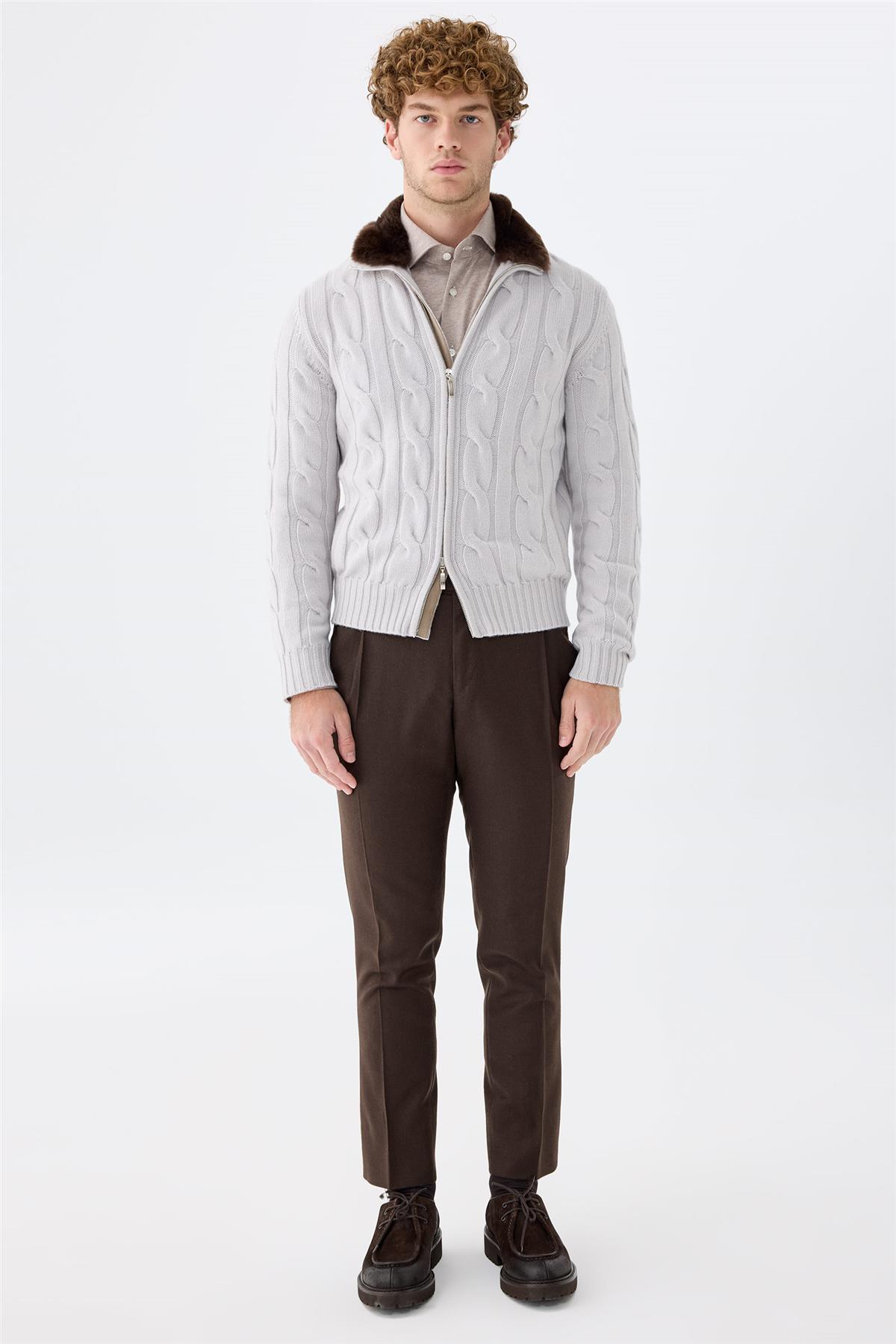 Gri Kalın Örgü Fermuarlı Kaşmir Hırka