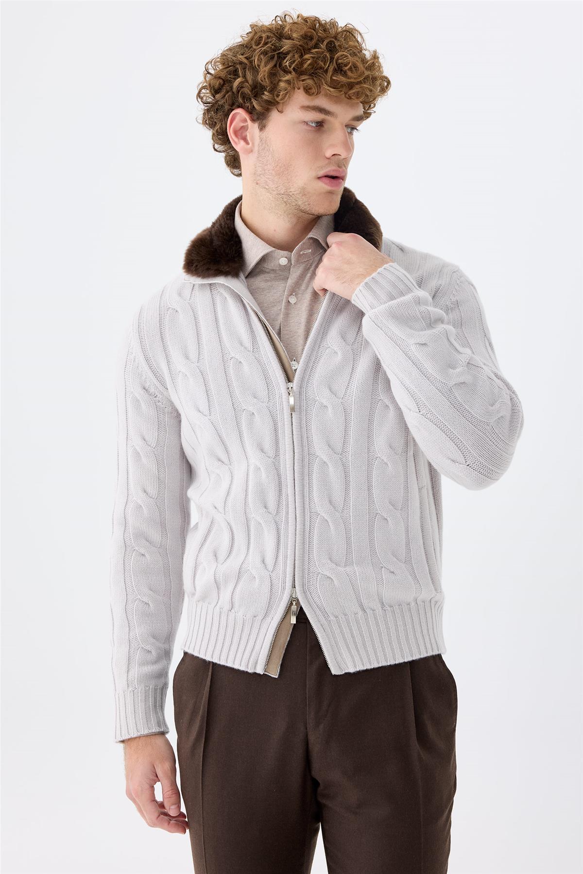 Gri Kalın Örgü Fermuarlı Kaşmir Hırka