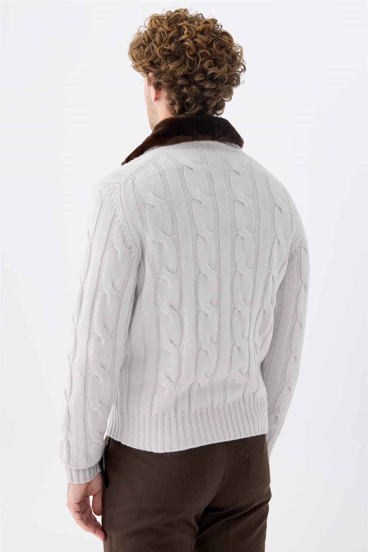 Gri Kalın Örgü Fermuarlı Kaşmir Hırka