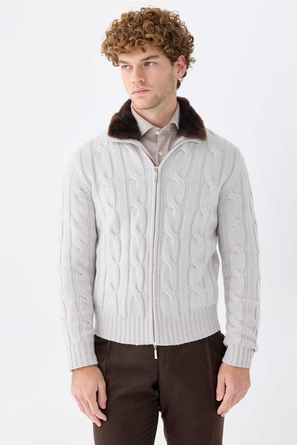 Gri Kalın Örgü Fermuarlı Kaşmir Hırka