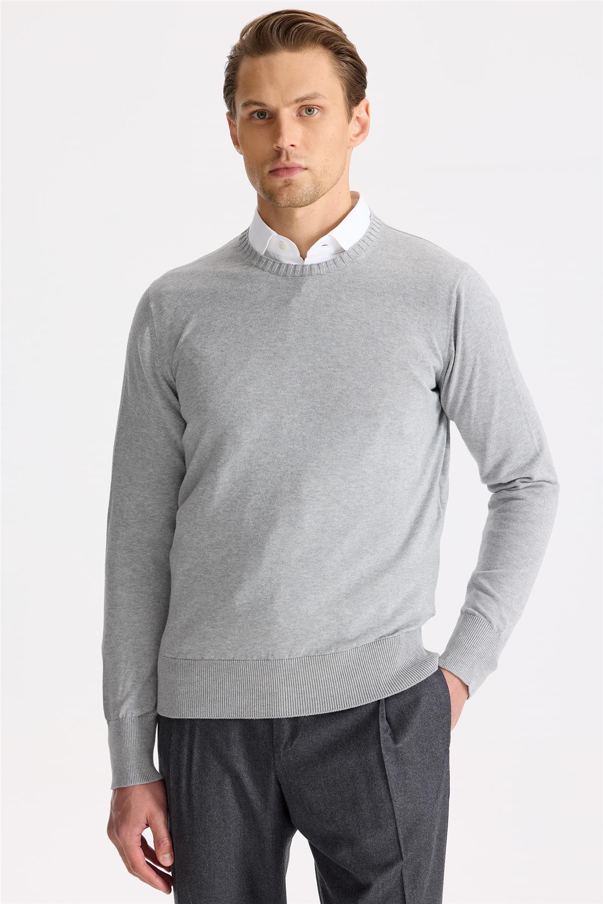 Gri Sıfır Yaka Pamuk Triko