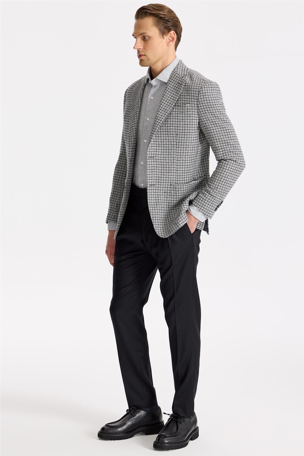 Gri Siyah Kareli Yün Ceket