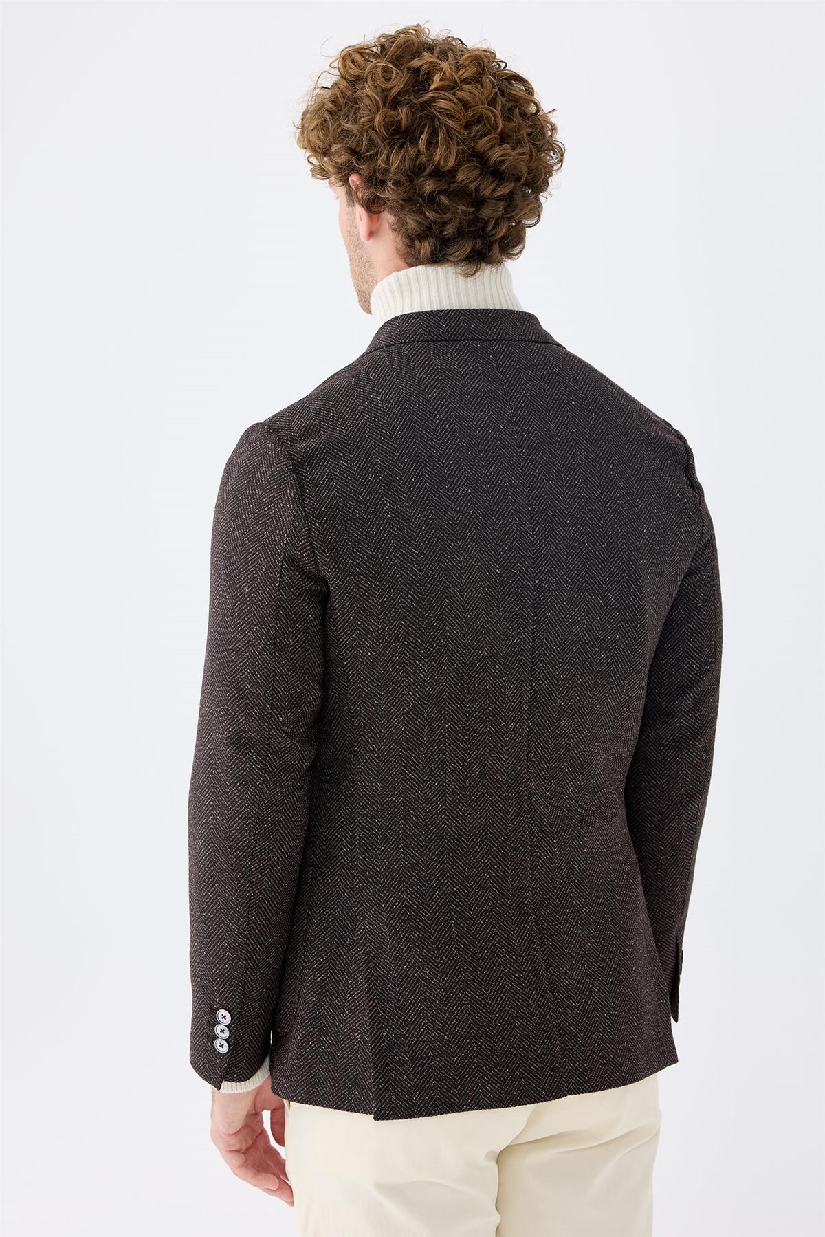 Kahverengi Alpaka Yün İpek Ceket 