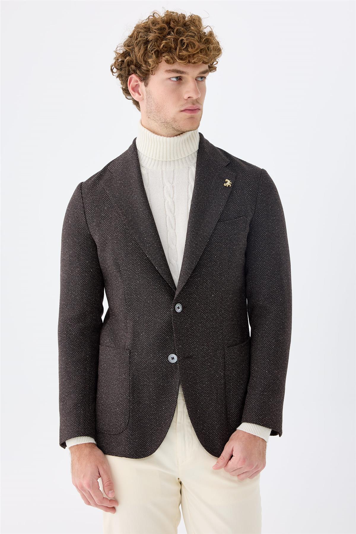 Kahverengi Alpaka Yün İpek Ceket 