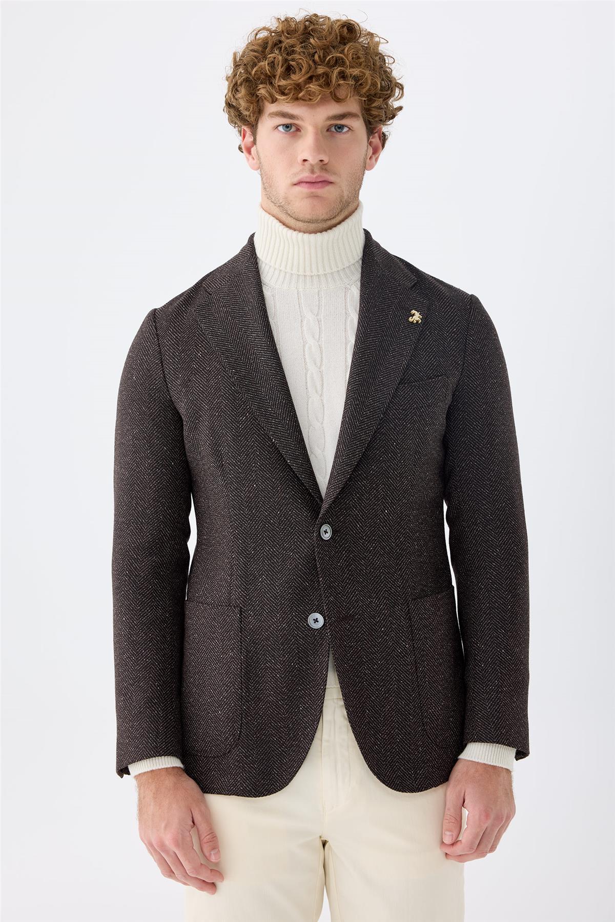 Kahverengi Alpaka Yün İpek Ceket 