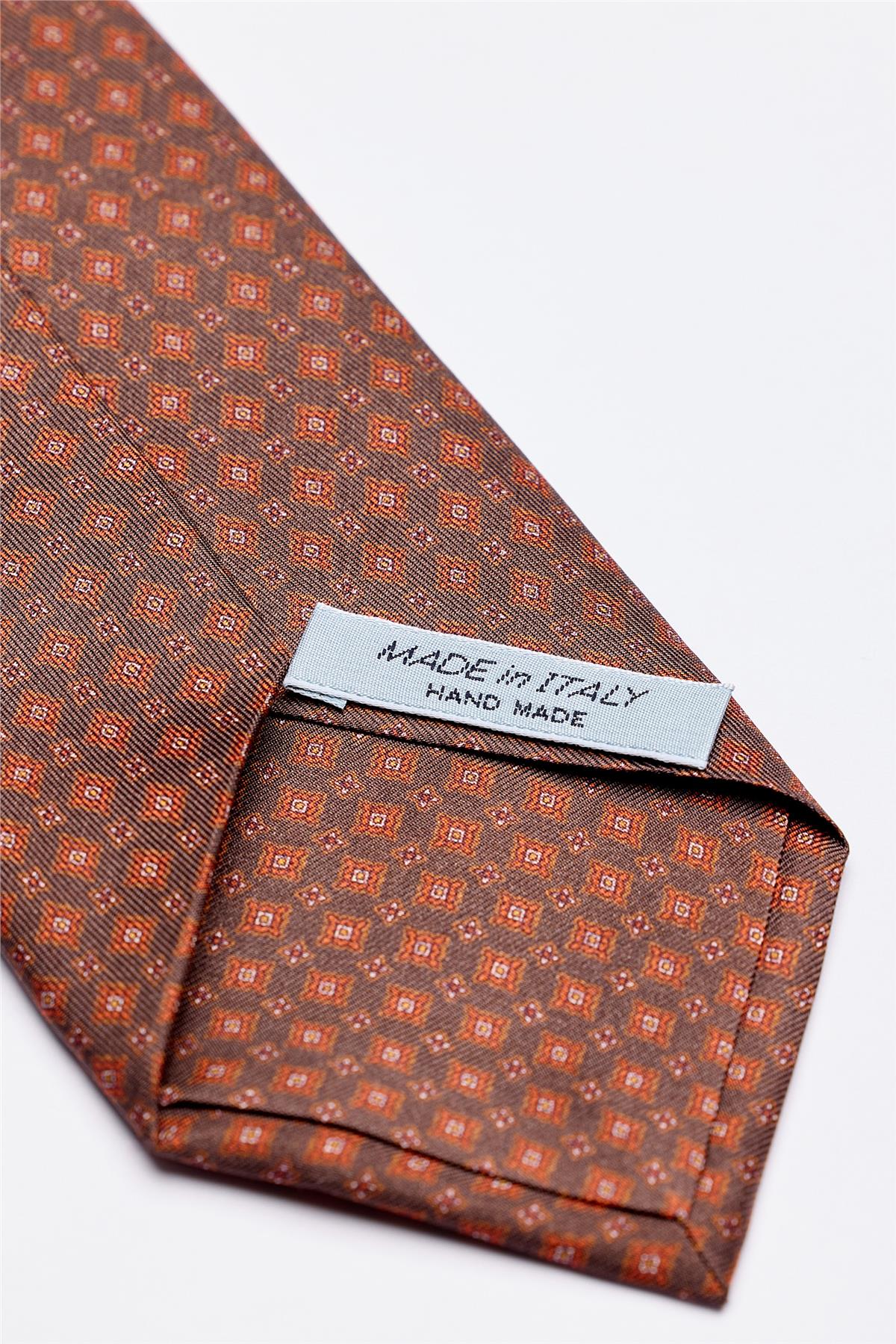 Kahverengi Desenli 7 Fold İpek Kravat