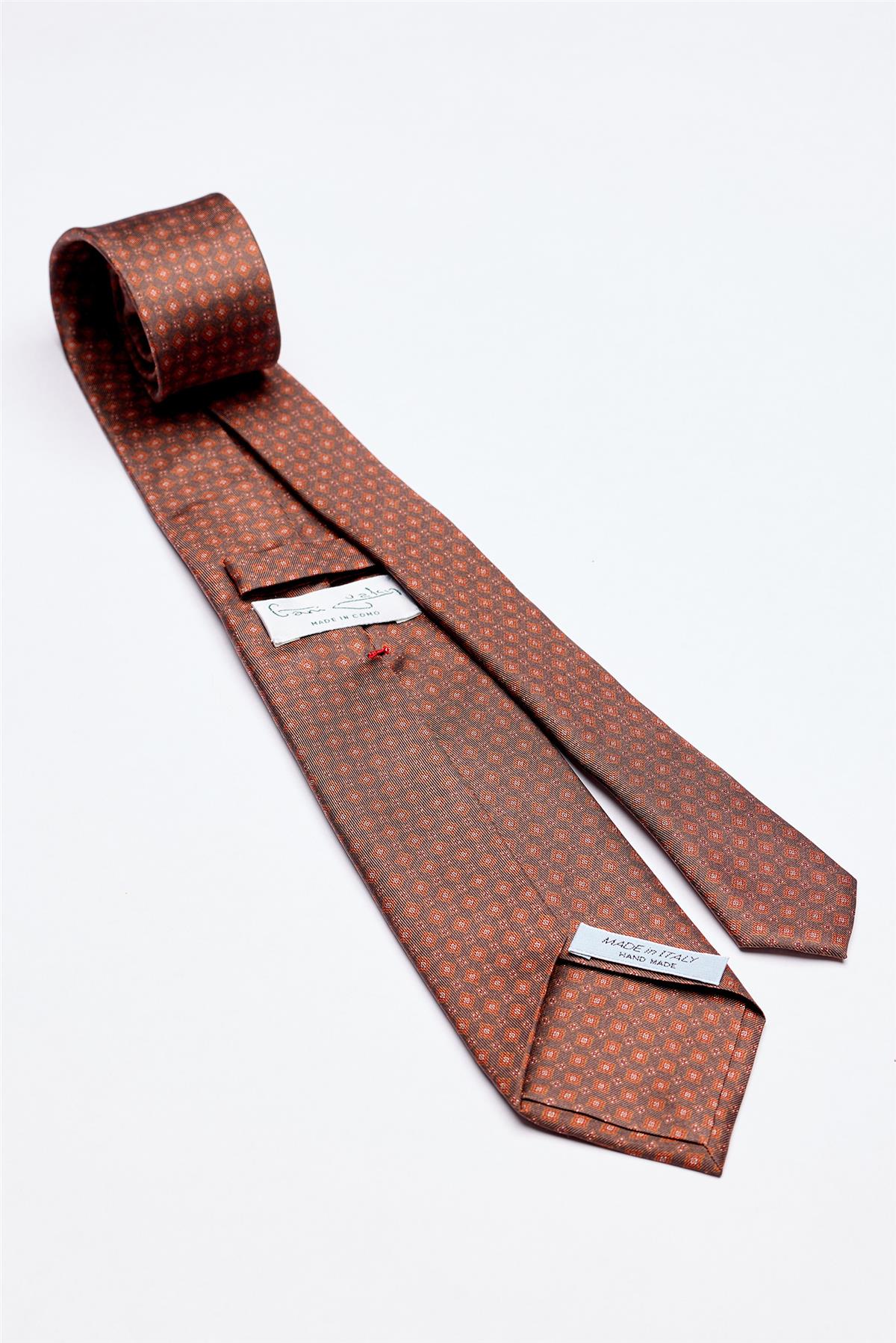 Kahverengi Desenli 7 Fold İpek Kravat