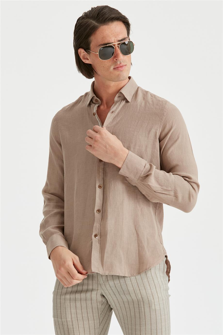 Kahverengi Erkek Keten Gömlek