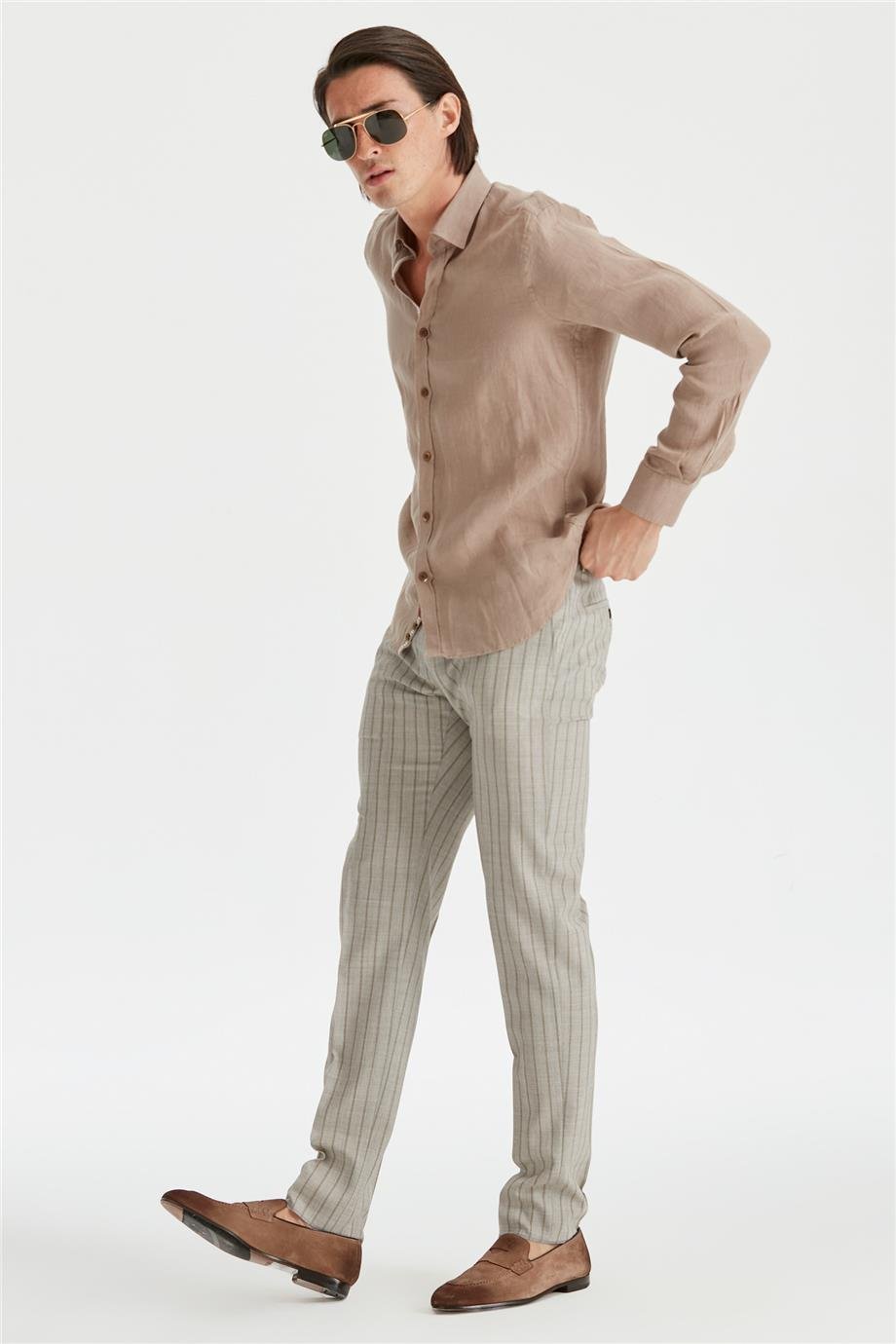 Kahverengi Erkek Keten Gömlek