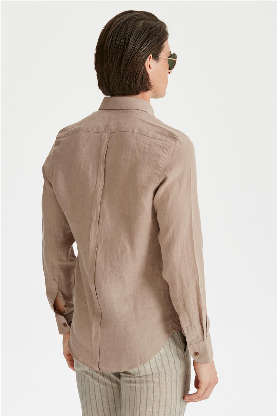 Kahverengi Erkek Keten Gömlek