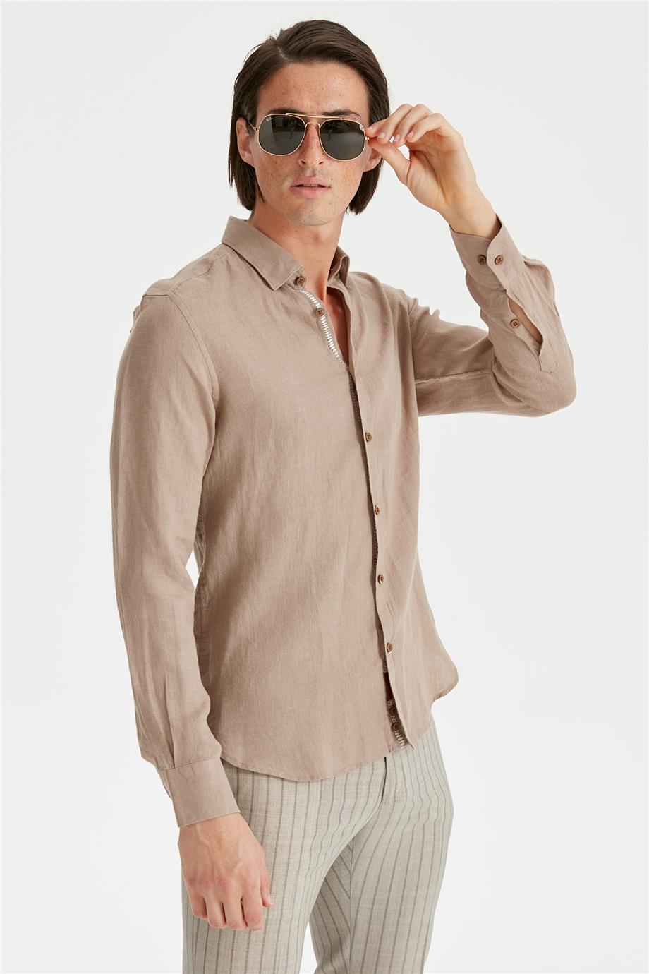 Kahverengi Erkek Keten Gömlek