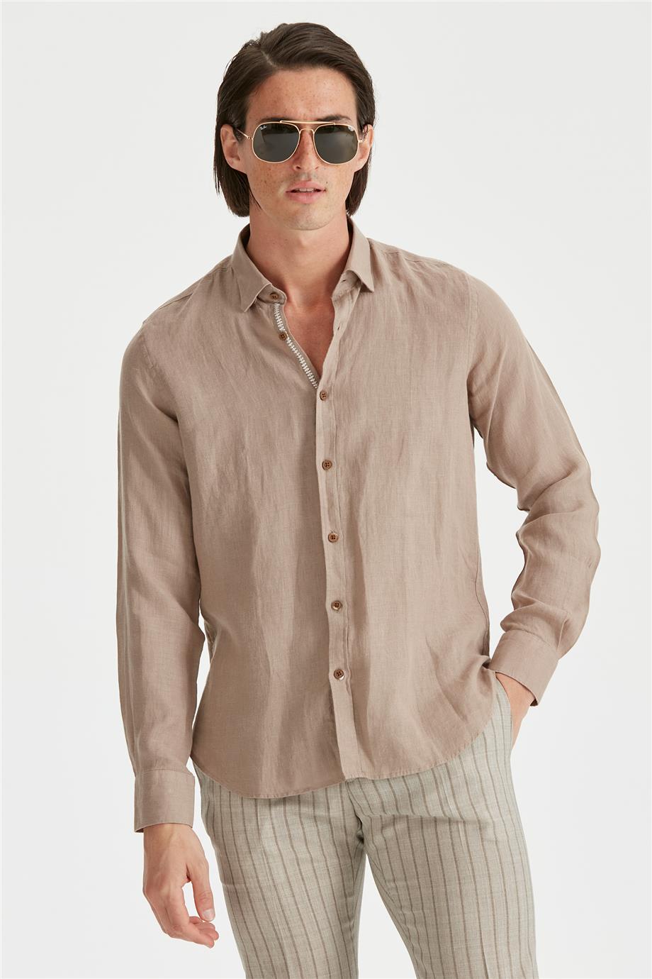 Kahverengi Erkek Keten Gömlek