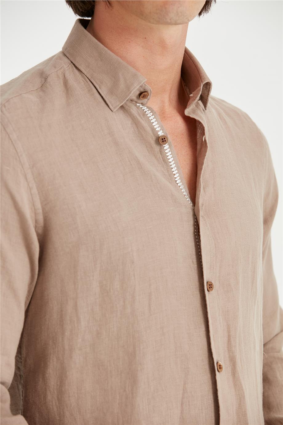 Kahverengi Erkek Keten Gömlek