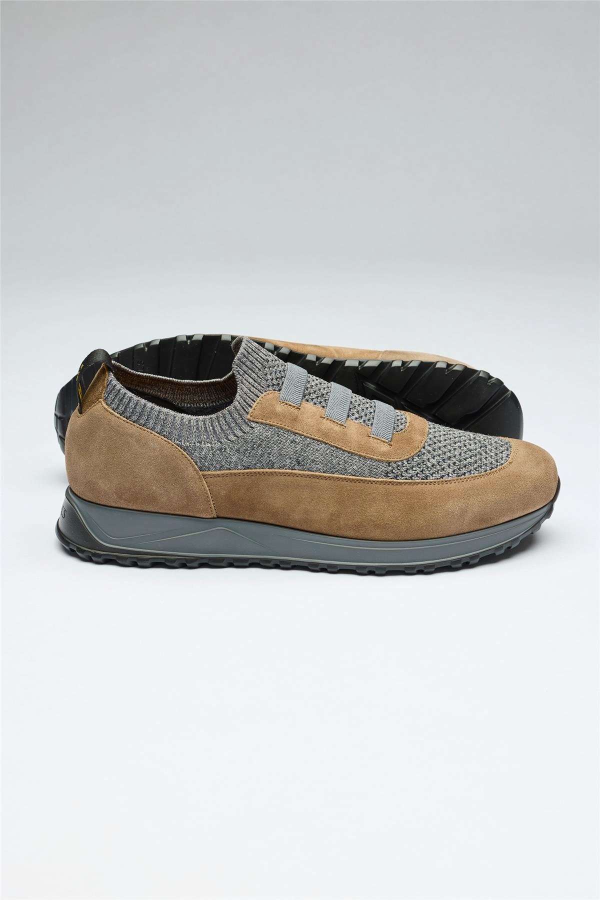 Kahverengi Gri Bağcıksız Örgü Deri Sneaker