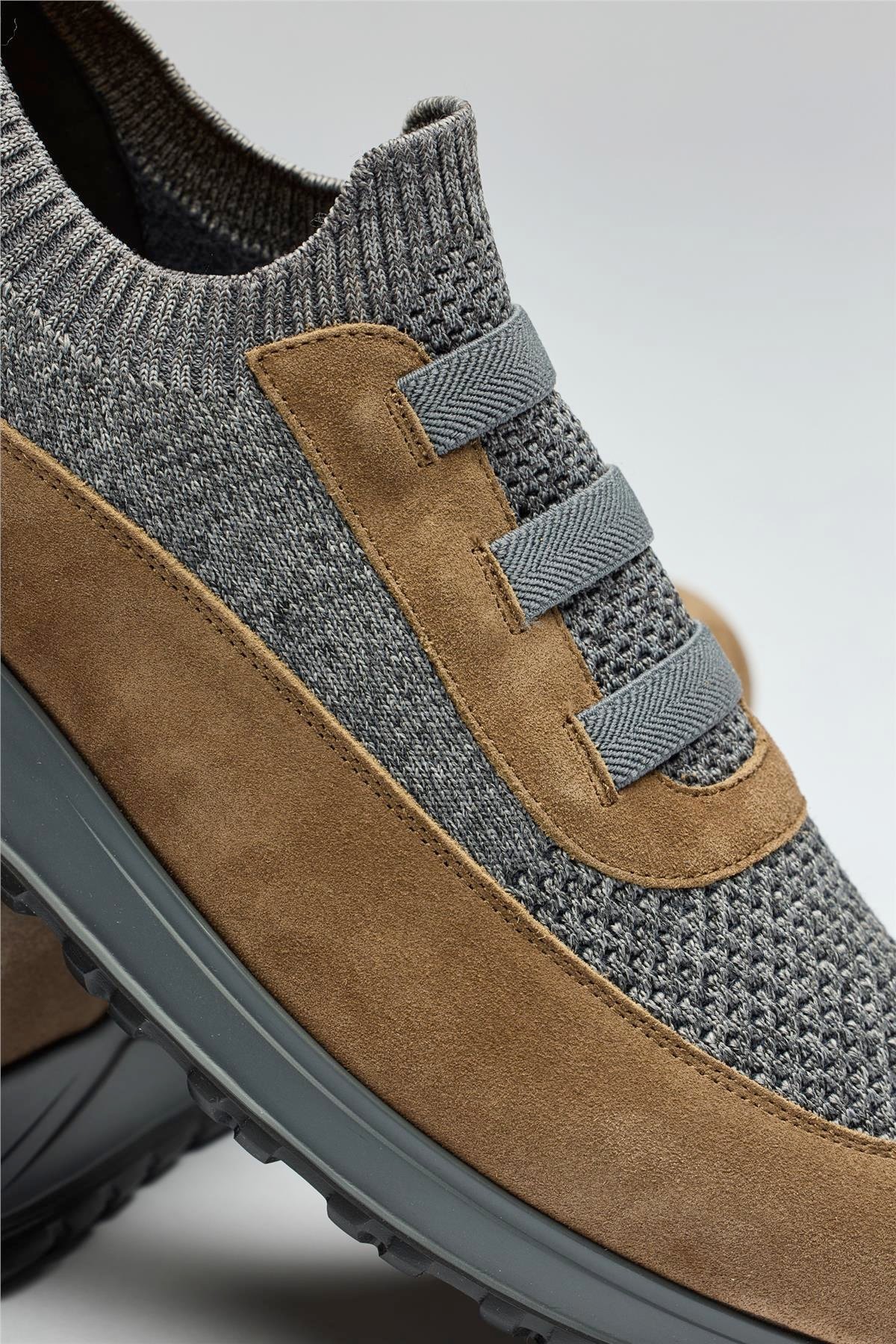 Kahverengi Gri Bağcıksız Örgü Deri Sneaker