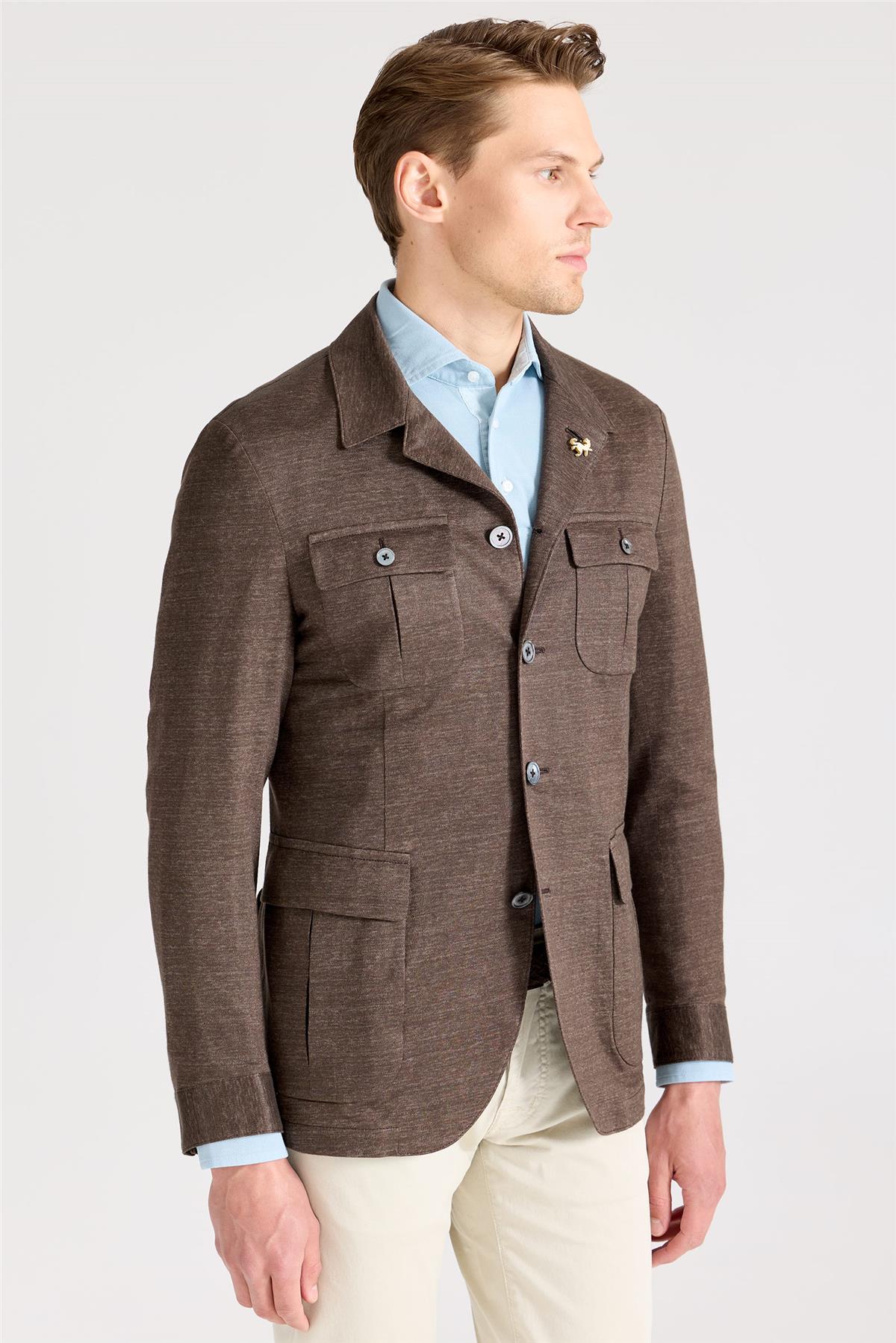 Kahverengi Keten Safari Ceket