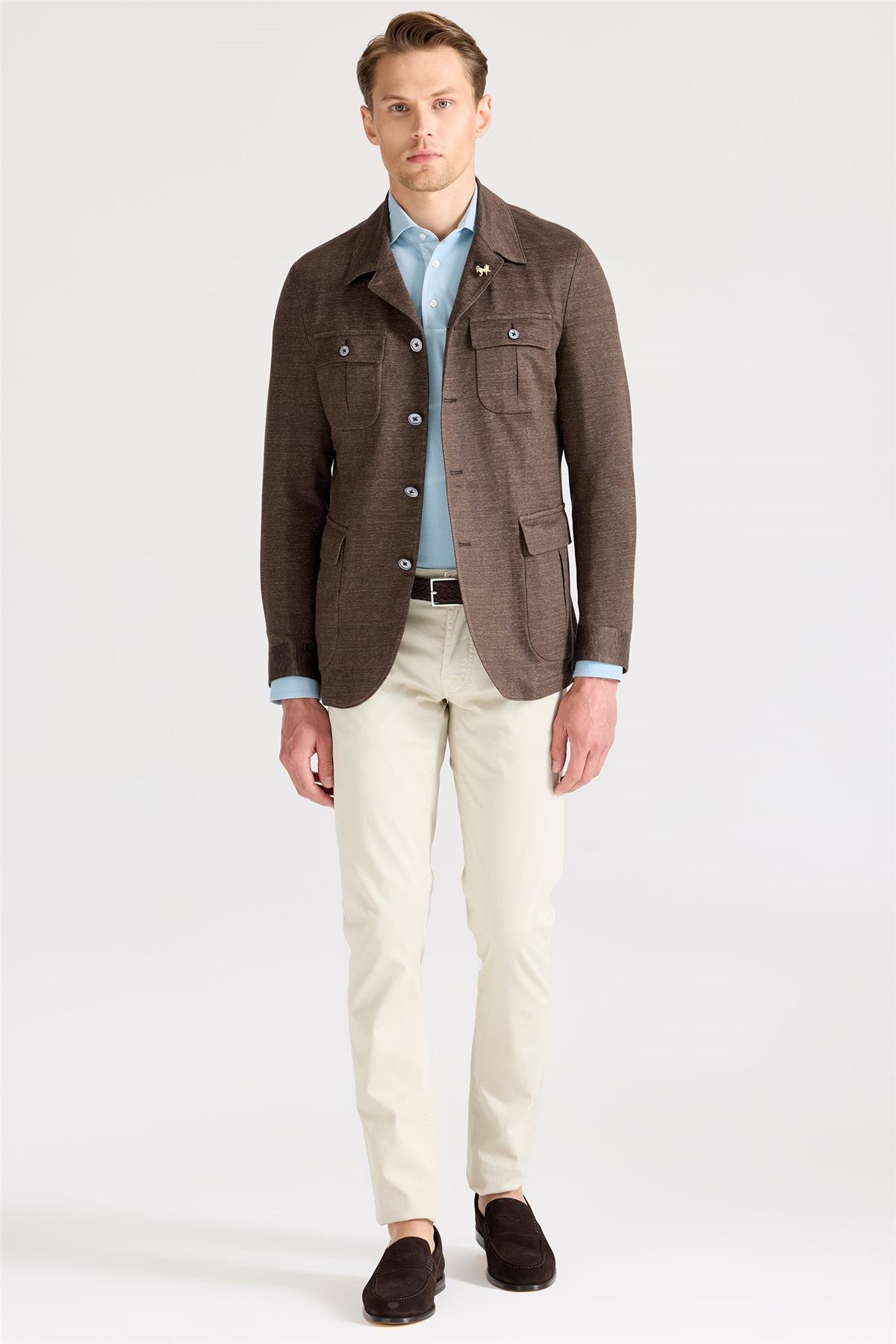 Kahverengi Keten Safari Ceket