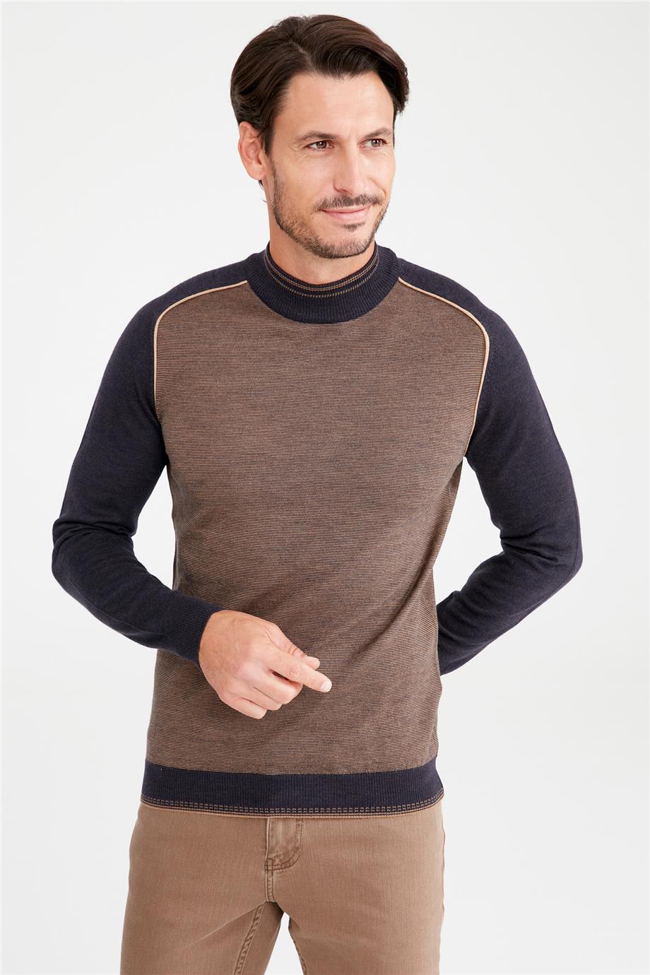 Kahverengi Lacivert Yarım Balıkçı Yün Triko