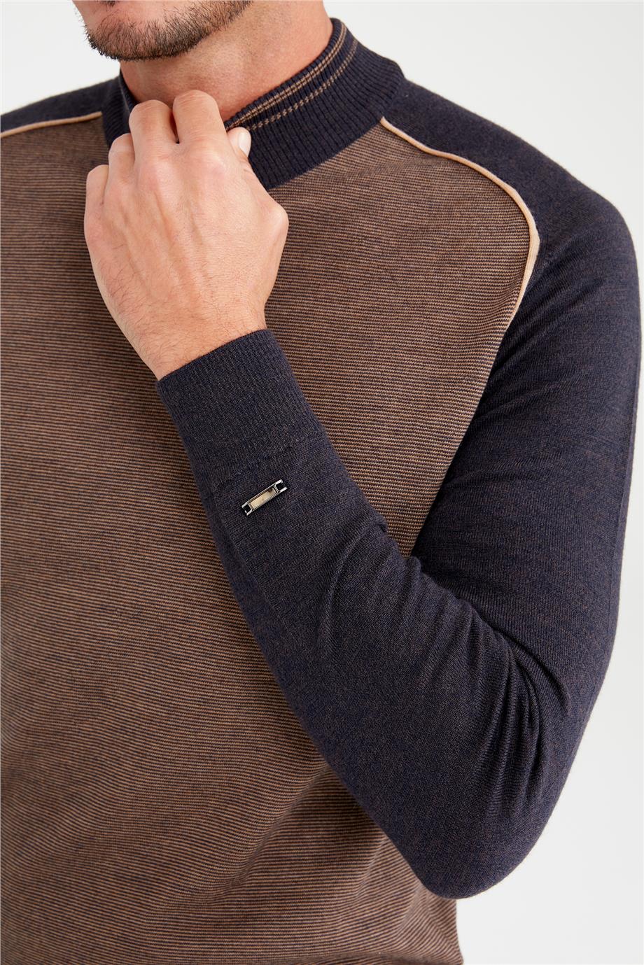 Kahverengi Lacivert Yarım Balıkçı Yün Triko