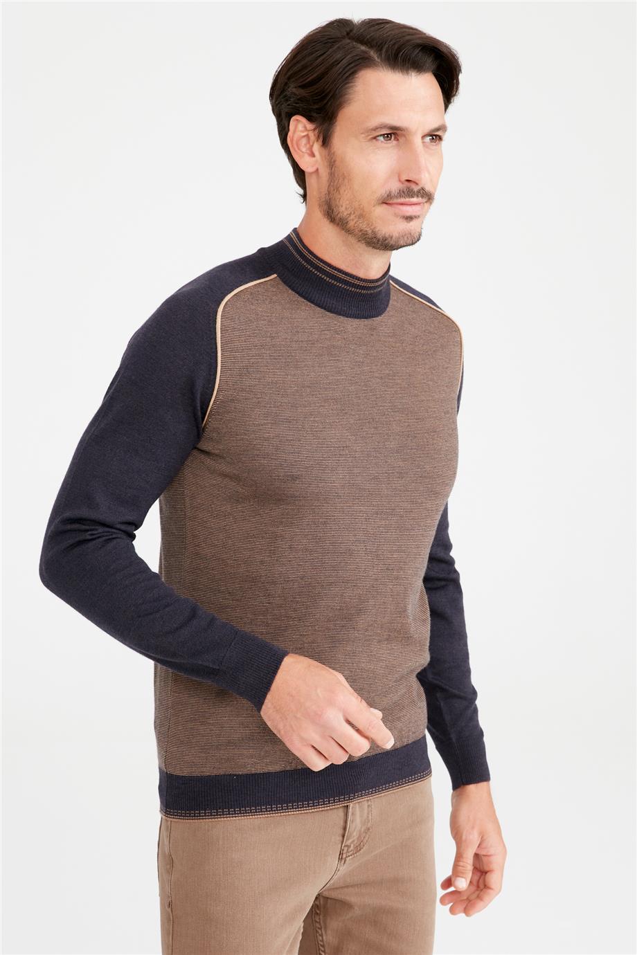 Kahverengi Lacivert Yarım Balıkçı Yün Triko