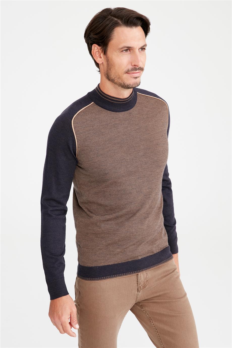 Kahverengi Lacivert Yarım Balıkçı Yün Triko