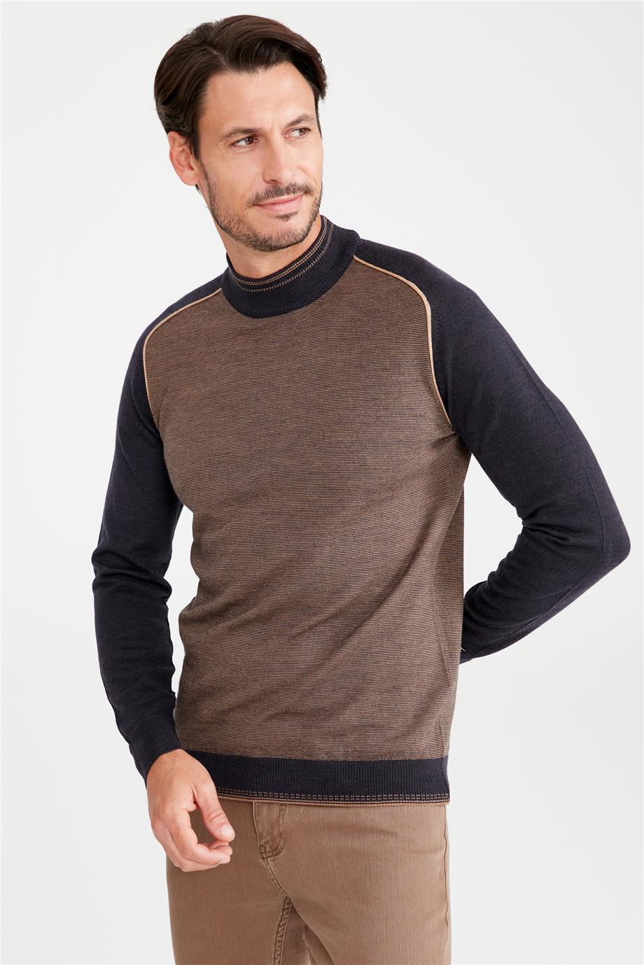Kahverengi Lacivert Yarım Balıkçı Yün Triko