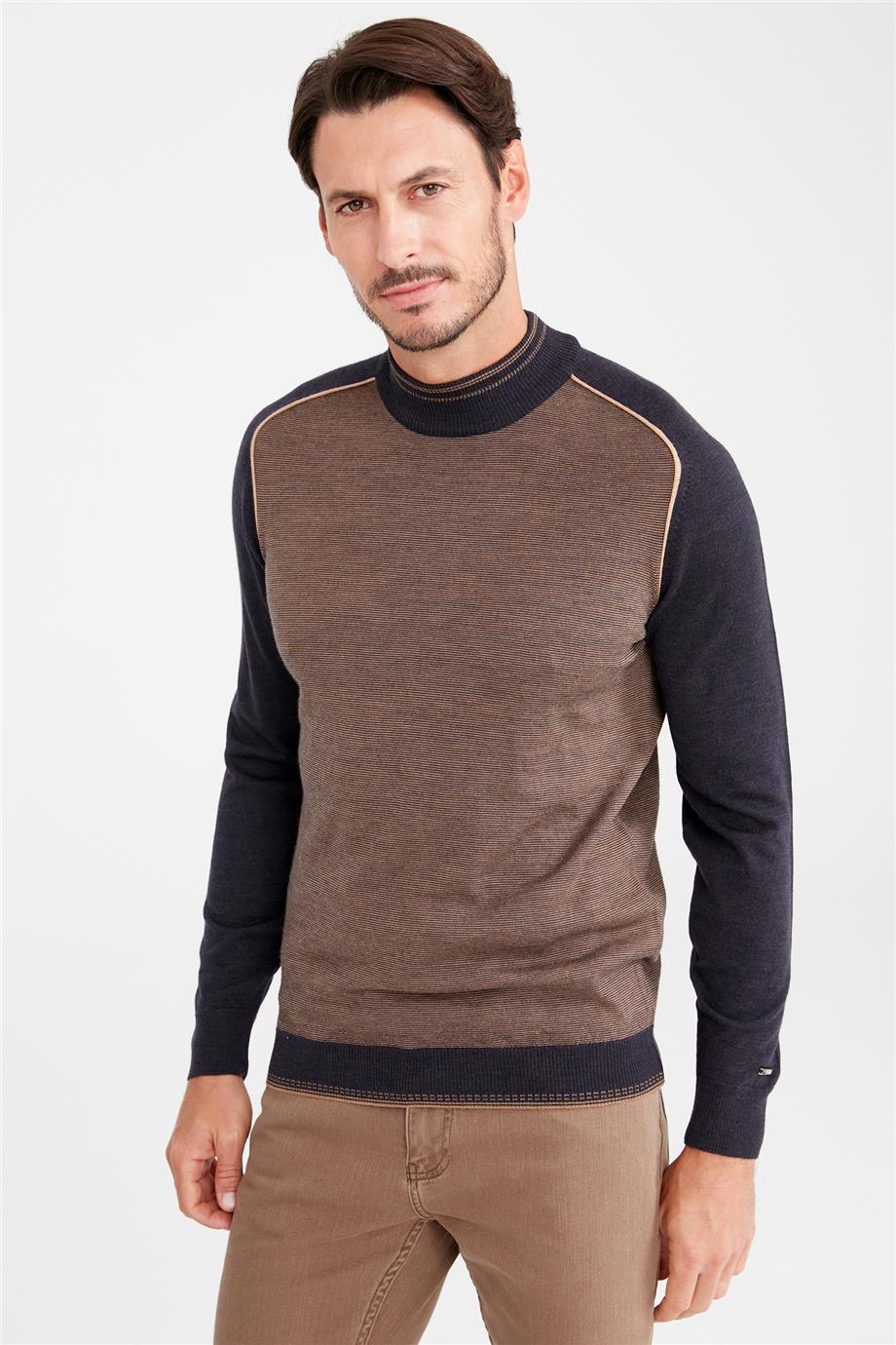 Kahverengi Lacivert Yarım Balıkçı Yün Triko