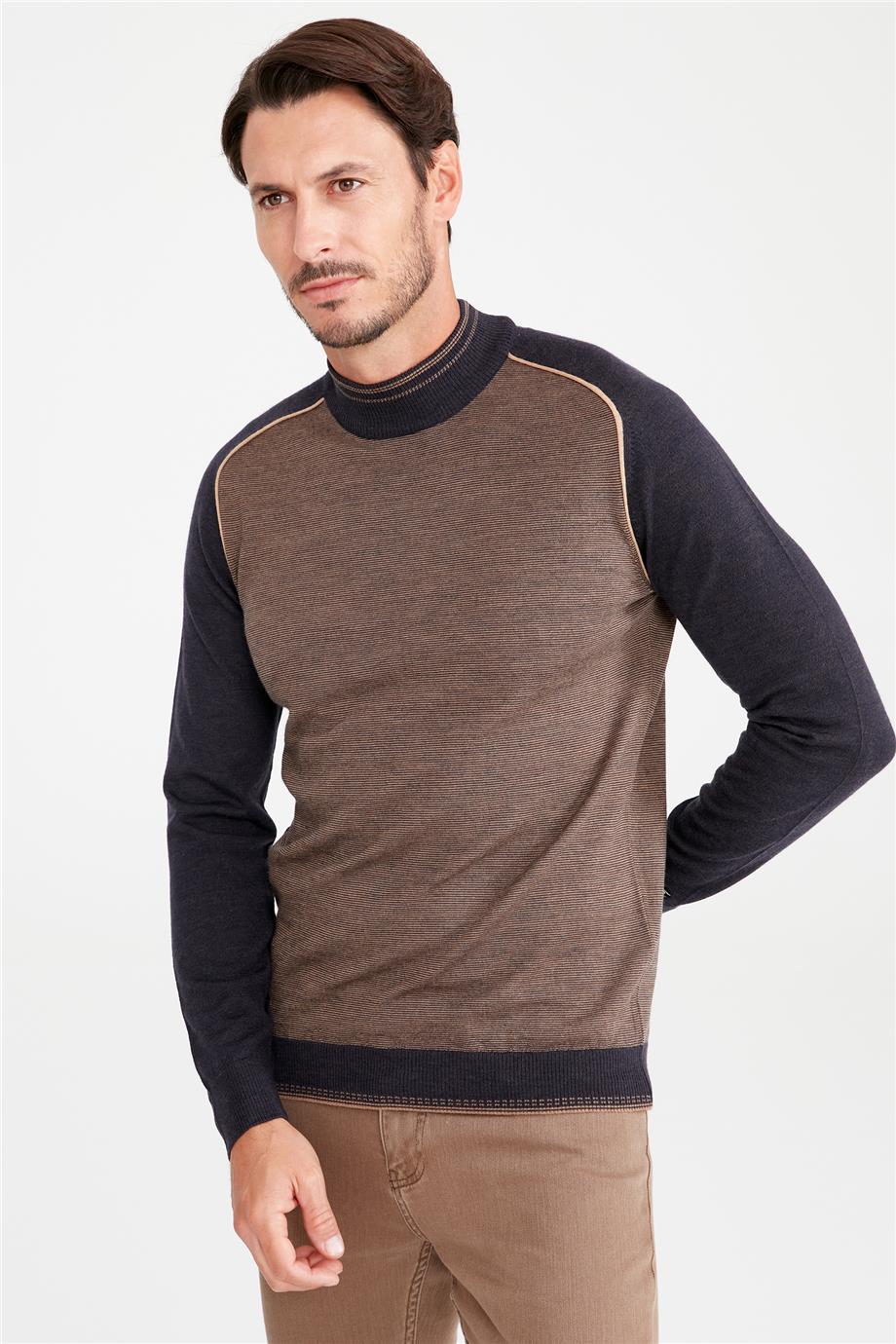 Kahverengi Lacivert Yarım Balıkçı Yün Triko