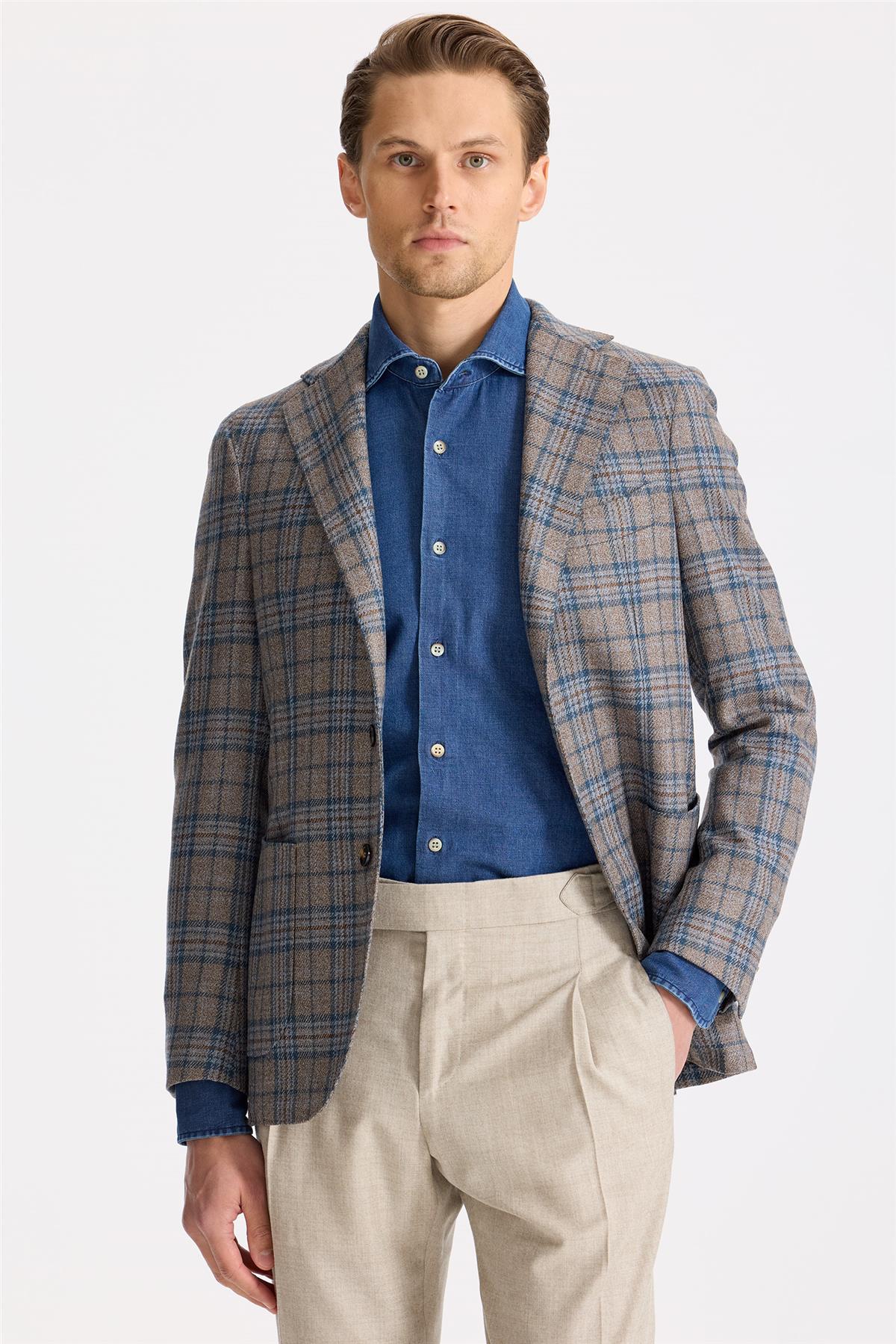 Kahverengi Mavi Ekoseli Yün İpek Ceket