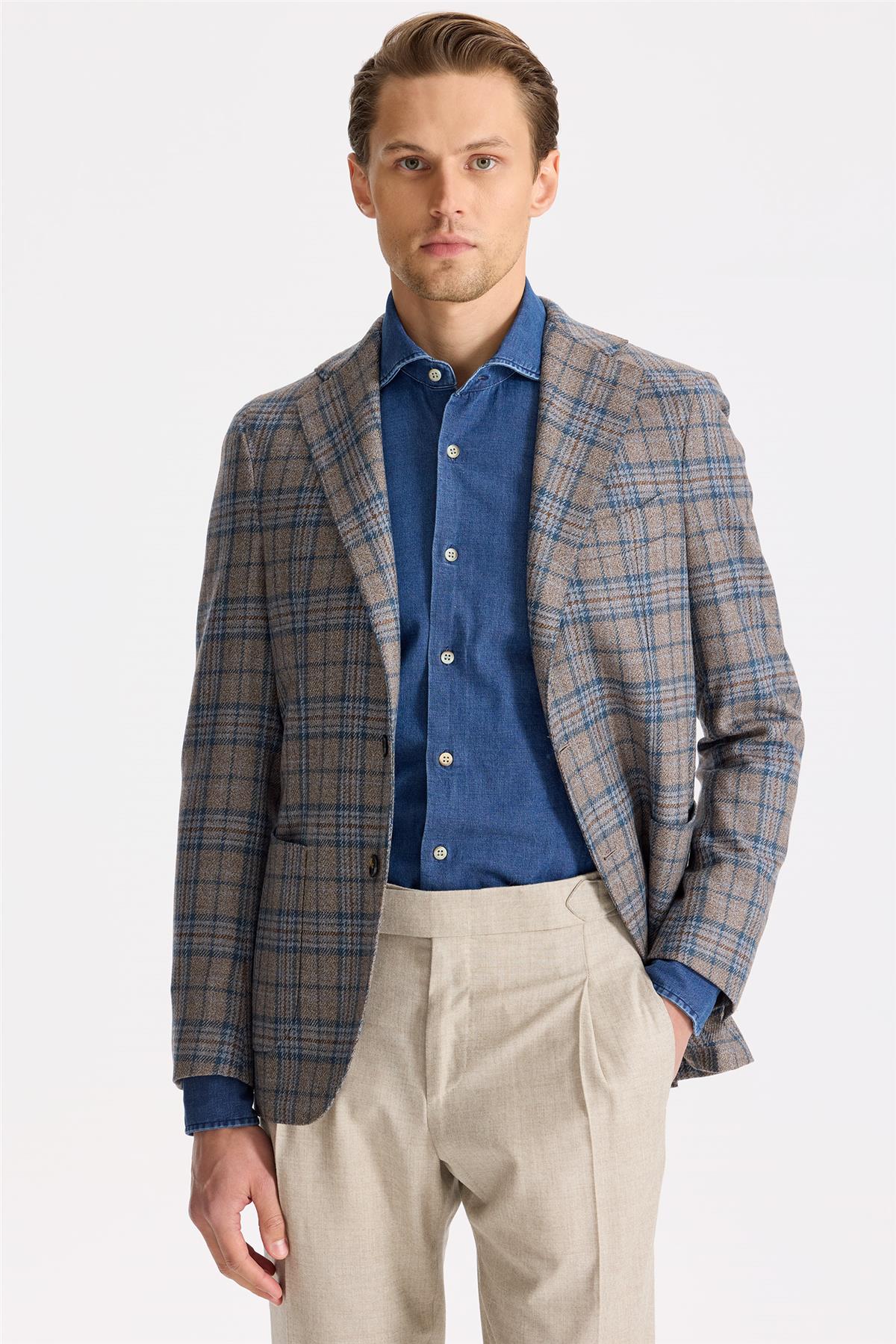 Kahverengi Mavi Ekoseli Yün İpek Ceket