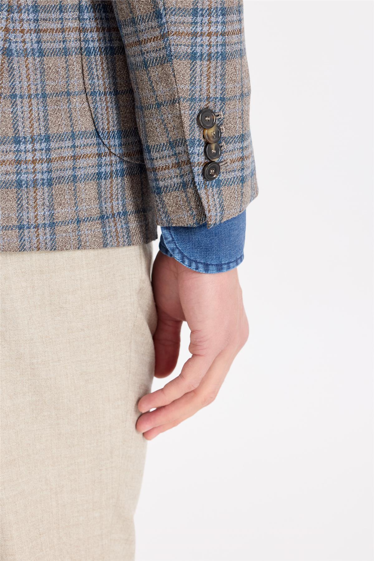 Kahverengi Mavi Ekoseli Yün İpek Ceket