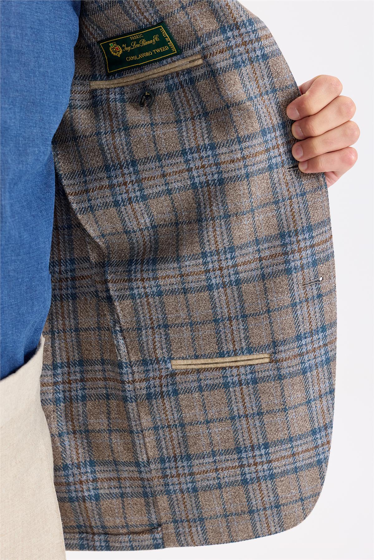 Kahverengi Mavi Ekoseli Yün İpek Ceket