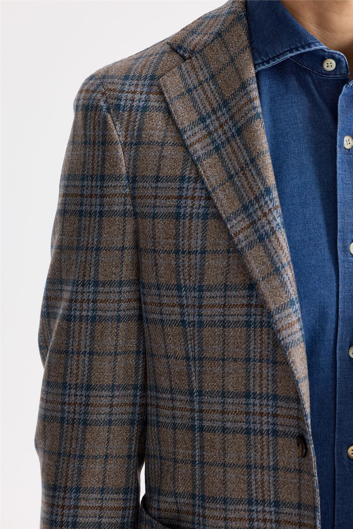 Kahverengi Mavi Ekoseli Yün İpek Ceket